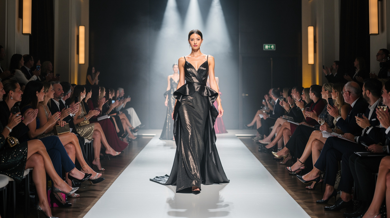 Fashion runway show with models walking under bright lights