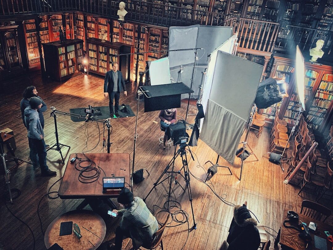 Television studio set with bright lights and cameras