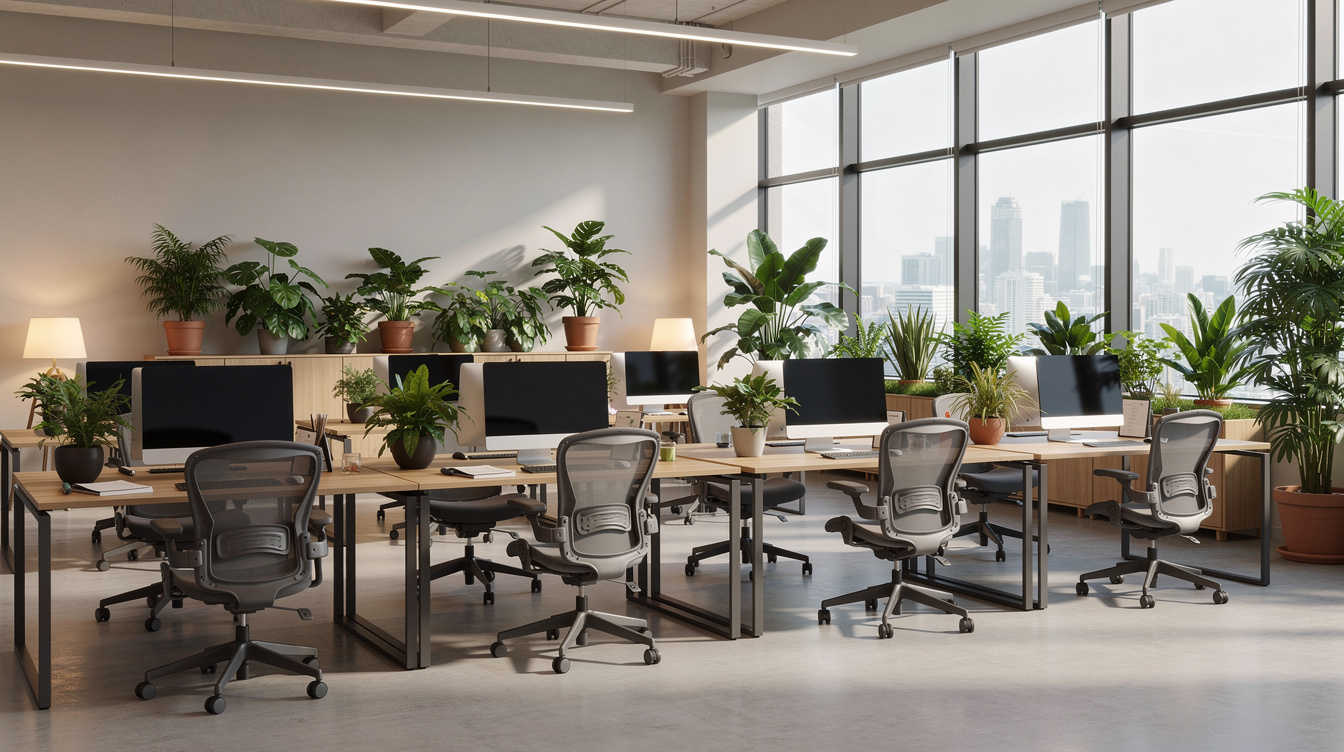 Modern open office space with desks and large windows